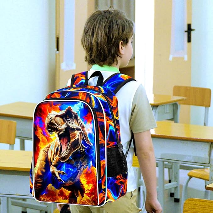 KLFVB 3PCS Boys Bookbag Set, 17" Dinosaur Bookbag and Lunch Box, Water Resistant Teenagers School Backpacks for Middle Elementary - Flame T-Rex