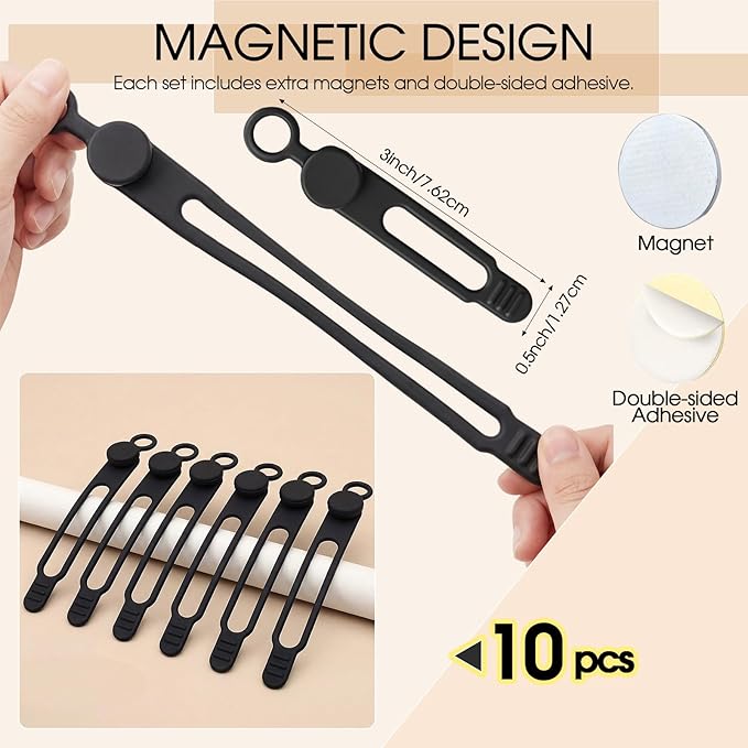 Geelin 10 Pack Magnetic Silicone Cable Ties bulk Reusable Cable Organizer Straps for Cord Management Magnetic Wire Ties for USB Cables Headphones Charger Cords Curtain Towel Straps (Black)
