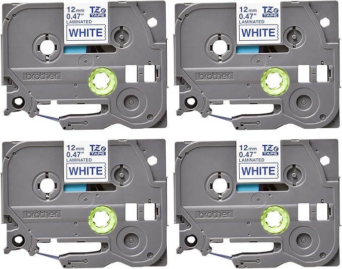 Brother Genuine P-Touch 4-Pack TZe-233 Laminated Tape, Blue Print on White Standard Adhesive Laminated Tape for P-Touch Label Makers, Each Roll is 0.47"/12mm (1/2") Wide, 26.2 (8M) Long