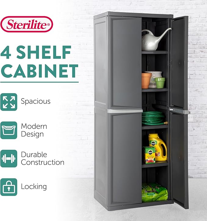 Sterilite 4 & 5 Shelf Plastic Storage Units Bundled with Easy to Assemble Storage Cabinet for Garage, Pantry & Kitchen Organization, 4 Shelves, Gray