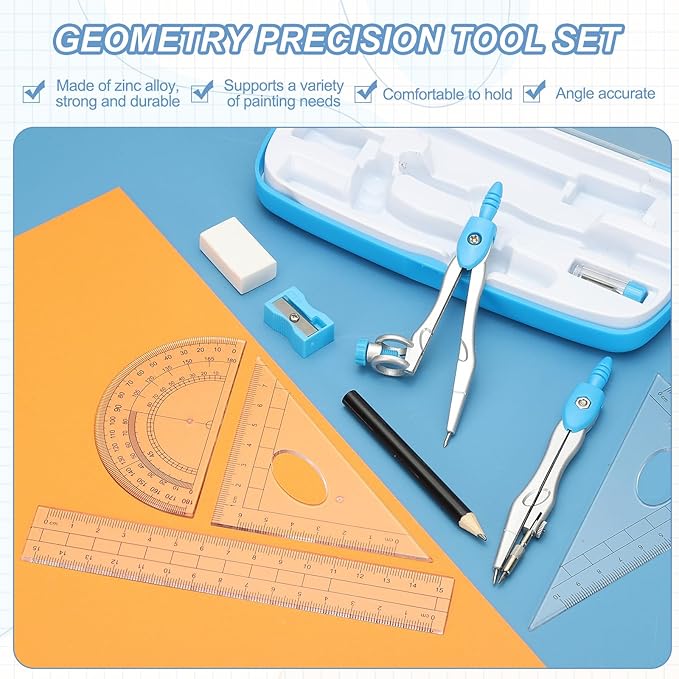 PATIKIL Geometry Precision Tool Set, 11 Pcs Geometry Set Compass Tool with Shatterproof Storage Box Rulers Math Compass Kit for Math Drafting Supplies, Rose Red(Style 1)
