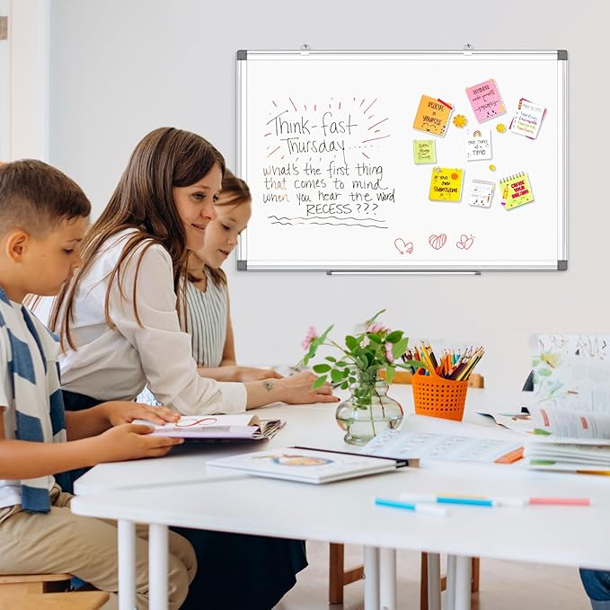 Double-Sided Magnetic Whiteboard, 24" x 18" Dry Erase Board Aluminum Frame for Wall, White Board Marker Board for Kitchen, Memo, School, Home, Office