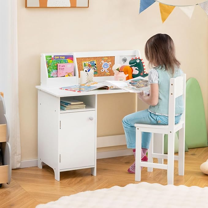 HONEY JOY Kids Desk and Chair Set, Wooden Children School Study Table and Chair w/Whiteboard, Hutch, Storage Shelves, Student Writing Desk Computer Workstation for Bedroom, 3+ Years Old (White)