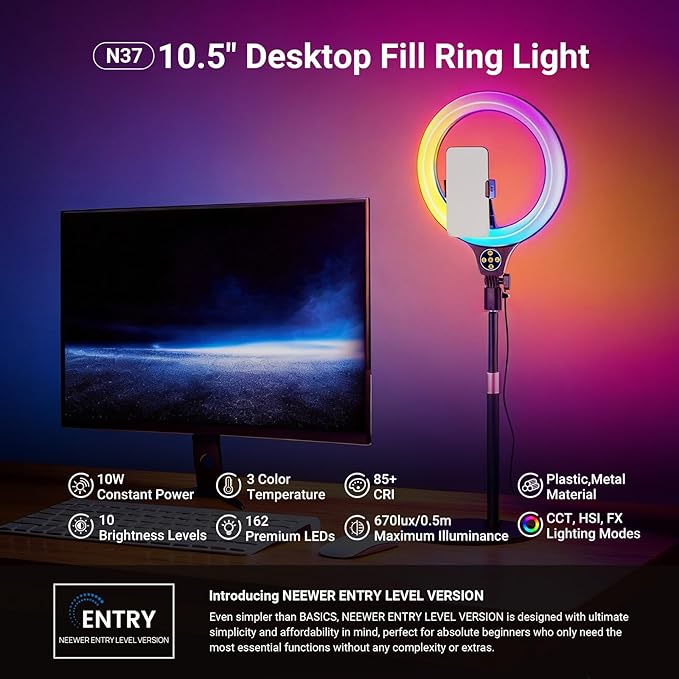 NEEWER ENTRY LEVEL VERSION N37 10.5" RGB Ring Light with Desktop Stand/Phone Holder Compatible with iPhone/Remote, 10W CRI85+ LED Lighting for TikTok YouTube Streaming Recording Laptop Zoom Video Call