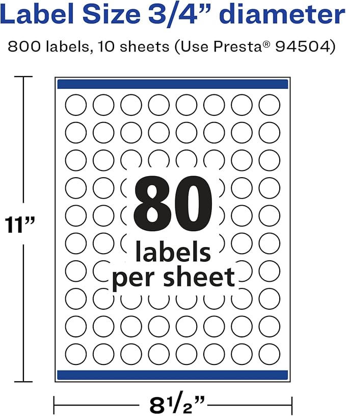 Avery Glossy White Round Labels, Sure Feed Technology, 3/4" Diameter, 800 Glossy White Labels, Print-to-The-Edge, Permanent Adhesive, Laser/Inkjet Printable
