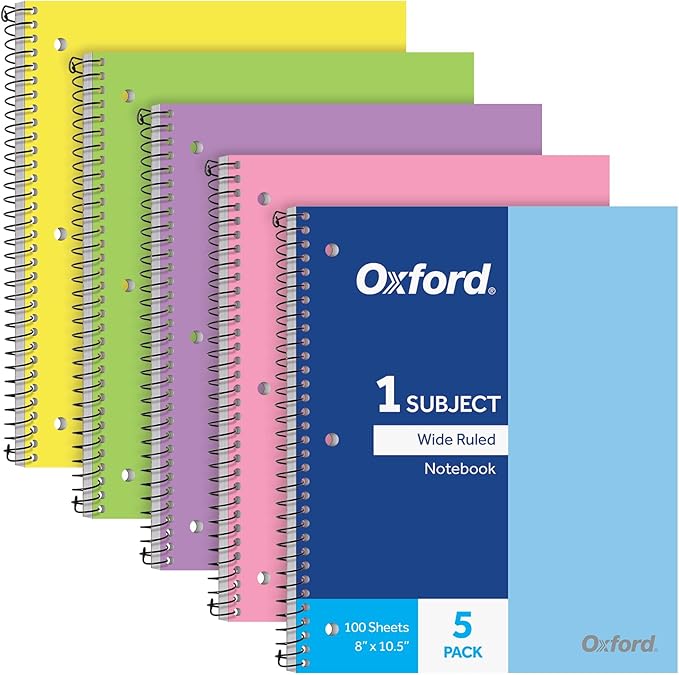 Oxford 1 Subject Spiral Notebook, Notebooks for School, Plastic Covers, Back to School Supplies, Wide Ruled, 100 Sheets, 5 Pack, Assorted Pastel Colors: Blue, Green, Yellow, Pink and Purple (1009292)