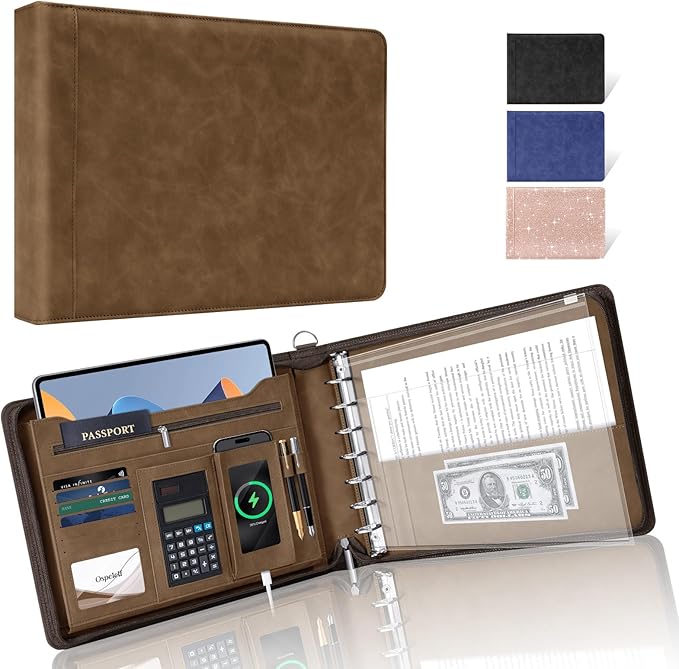 Ospelelf Brown Zippered 7 Ring Check Binder for Business Checks (9" x 13"), 1 Inch Faux Leather Checkbook Portfolio with Zipper Pouch, Professional Binder for Organizer Accountants, Home Use