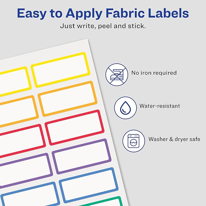 Avery No-Iron Fabric Name Labels, Rainbow Borders Preprinted Designs, Handwrite-Only, 24 Preprinted Labels (40706)