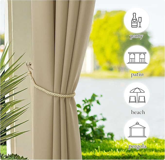 NICETOWN 2 Panels Outdoor Curtains for Patio Waterproof, Sun Block Tab Top Thermal Insulated Outdoor Vertical Drapes Privacy for Pergola/Gazebo/Bath, W55 x L95 Inch, Taupe
