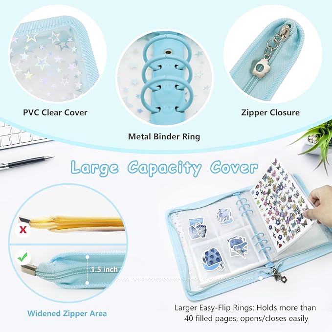 Sticker Storage Organizer Binder A5 Sticker Collecting Book Reusable Zipper Album with Clear Laser Star Cover and Pocket Pages (Blue)