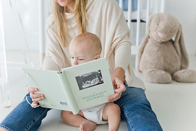 Pearhead My Pregnancy Journal, Keepsake Pregnancy Memory Book with Sonogram Photo Insert, Pregnant Trimester Milestone Tracker Notebook, Expecting Mom Gift, Sage Green Leaf
