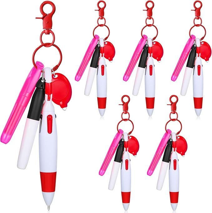 Chinco 30 Pcs Retractable Shuttle Pen Clip with Mini Highlighter Nurse Badge Pen Neon Marker LED Keychain Ring Clip
