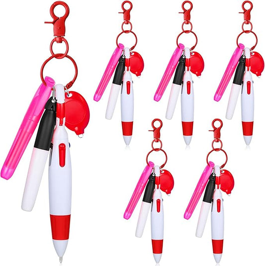 Chinco 30 Pcs Retractable Shuttle Pen Clip with Mini Highlighter Nurse Badge Pen Neon Marker LED Keychain Ring Clip