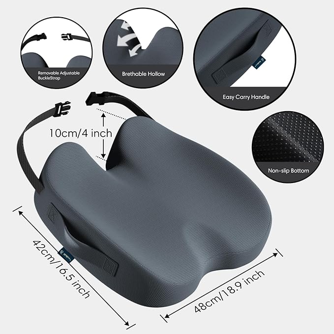 Large Memory Foam Seat Cushion for Office Chair, Car, Desk, Truck & Wheelchair - Tailbone, Coccyx & Sciatica Pain Relief Pillow - Ergonomic Back Support Portable Pad for Long Sitting & Driving