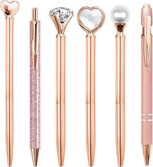 Cute Pens for Women, 6 Pcs Rose Gold Pens Metal Ballpoint Pen Bulk, 1.0mm Medium Point Black Ink, Office and School Supplies Cool Fun Pen Gifts for Women Teacher Nurse (Rose Gold)