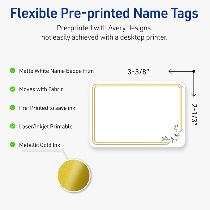 Avery Printable Rectangle Adhesive Name Tags, Double Gold Border Florals Design, 2-1/3" x 3-3/8", Matte White Removable Name Tags, Laser/Inkjet, 80 Total, Great for Name Badges
