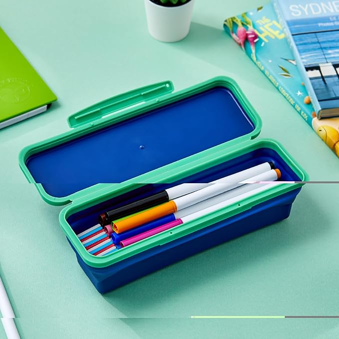 Bostitch LockerMate Flexi Storage Expandable Pencil Box, 1-3/4"H x 3" W x 8-3/4"D, Navy/Green