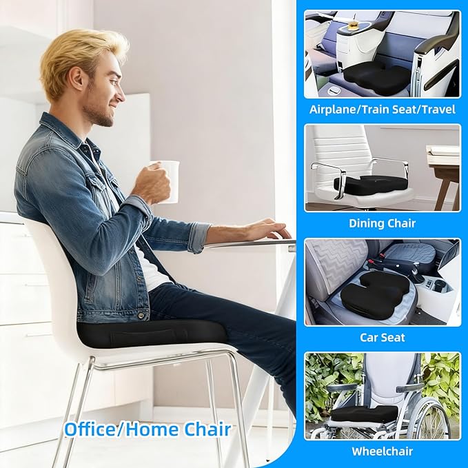 Gel Memory Foam Office Chair Seat Cushion,Breathable Seat Cushion for Long Sitting - Back,Sciatica,Coccyx,Tailbone Pain Relief Pillow Hip Butt Pad- for Office Home Chair, Car Seat,Wheelchair (Black)