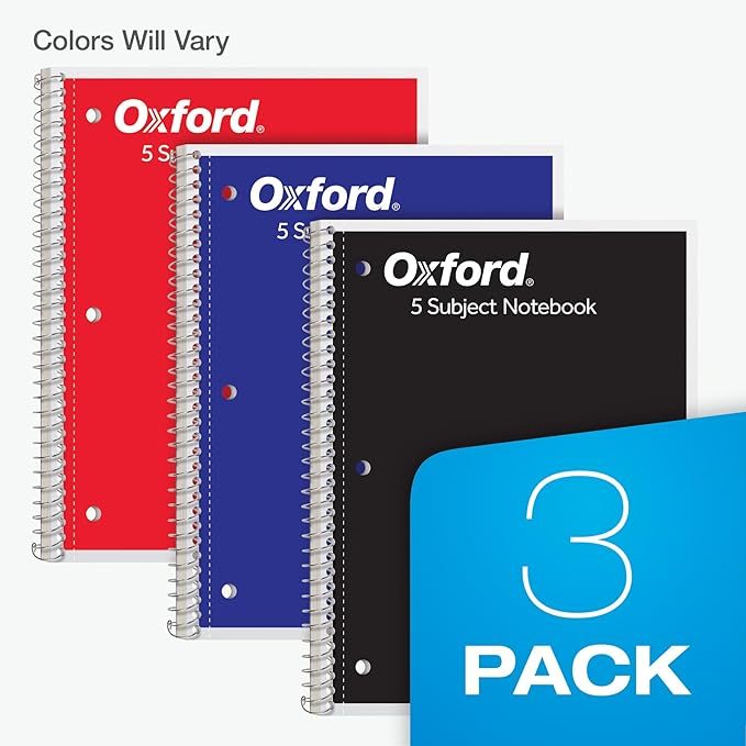 Oxford Spiral Notebooks, 3 Pack, 5 Subject, College Ruled Notebooks for School, 8 x 10.5 Inches, 180 Sheets, 4 Dividers, Assorted Colors, Back to School Supplies (65203)