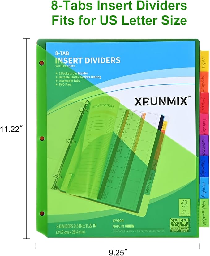 8-Tab Binder Dividers - Index Pockets Divider for 3 Ring Binders, 3-Hole Plastics Sheets Protectors for US Letter Size in 0.5'', 1'', 2'', 3 inch Binders, 8 Colors (XY004) (12 Packs)