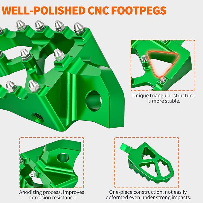 Nilight Motorcycle Foot Pegs Dirt Bike Footpegs Fit for Kawasaki KDX200 1995-2005 KDX200R 1997-2001 KDX220R 2002-2005 KDX250 1991-1994 KX125 KX250 KX500 Heavy Duty CNC Foot Rests Pegs Pedal, Green