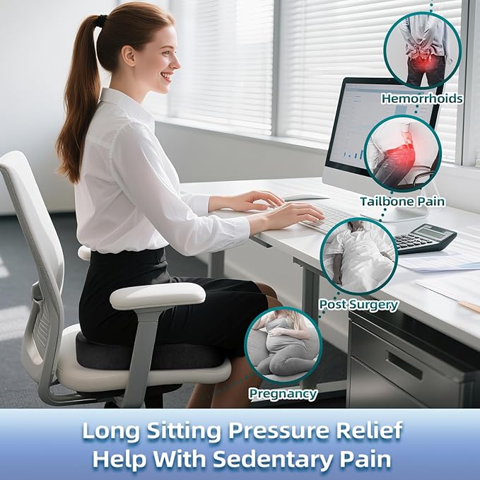 Seat Cushion for Office Chair Memory Foam Coccyx Pain Relief Cushion Pillow for Back Support Non-Slip Seat Pad for Office Desk (Black)