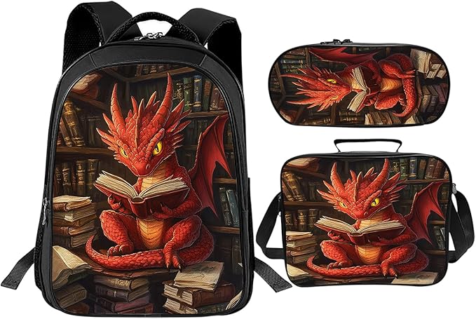 Dragon Backpack Set 3 Piece School Bags and Lunch Box with Pencil Case Funny Dragon Reading Bookbag Set for Toddler Kids Girls Boys Teens Kindergarten Elementary Middle
