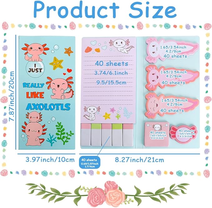 QPIXVB Cute Sticky Notes,Axolotl Sticky Notes Set,Axolotl Gifts,Post It Notes,440 Sheets,Back to School Supplies,Axolotls Birthday Party Decorations,Animal Writing Memo Pads for Kids Employee