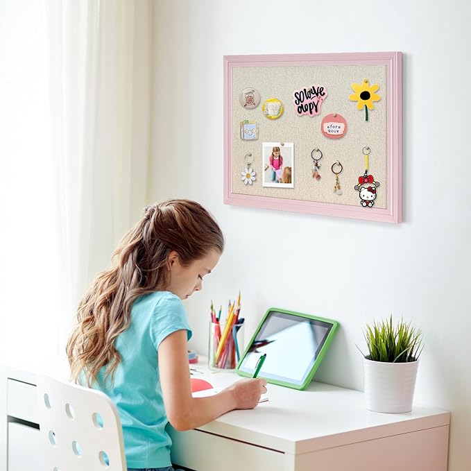 Large Cork Board with Linen, 24" x 18" Hanging Pink Wood Framed Bulletin Board, Picture Display Vision Board Corkboards for Wall Room School Office Decor, 10 Pushpins, 1 Pack