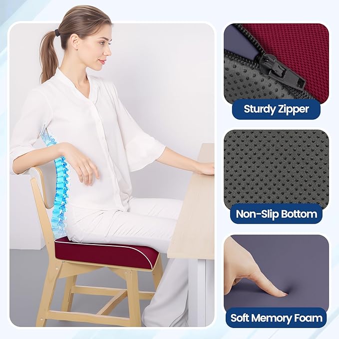 Seat Cushion for Tailbone Pain Relief, Office Chair Cushion, Memory Foam Large Chair Cushion with Non-Slip Cover for Soft Support at Office Chair, Car Seat, Airplane Red/Large