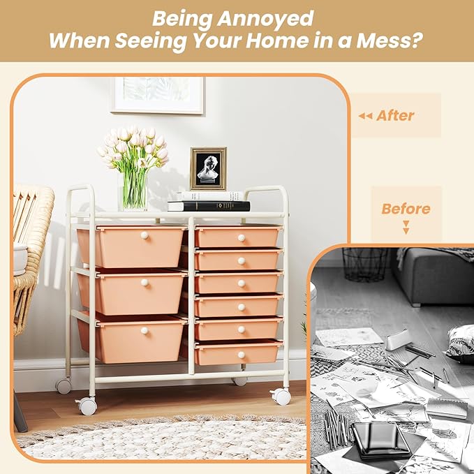 COSTWAY Rolling Storage Cart with 9 Drawer, Mobile Utility Cart with Metal Frame, Art Supply Craft Organizer, Multipurpose Storage Organizer for Paper, Office, School Teacher, Classroom, Peach