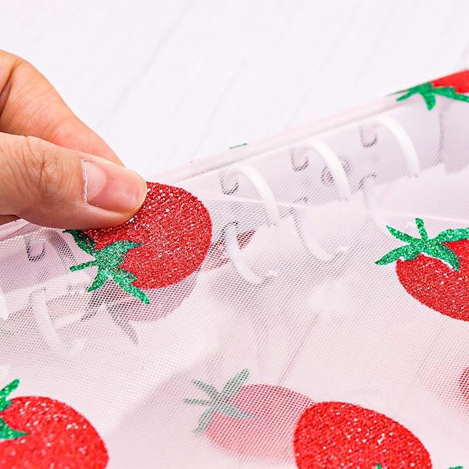 AxeWoodz White A6 Zipper Binder Clear Refillable Notebook Shell Cute Strawberry Lace Cover 6 Ring PVC Binder Cover for Photocard Planner Journal Photo Album