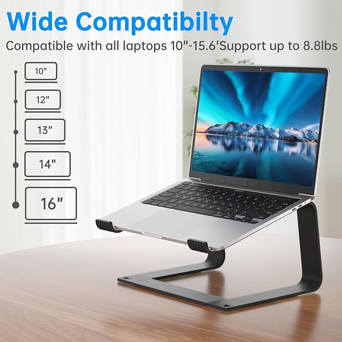 Laptop Stand for Desk Aluminum Computer Riser Portable Metal Notebook Holder Printer Stand Compatible with MacBook Air, Pro, Dell, HP, Lenovo and All 10-16" Laptops, Black