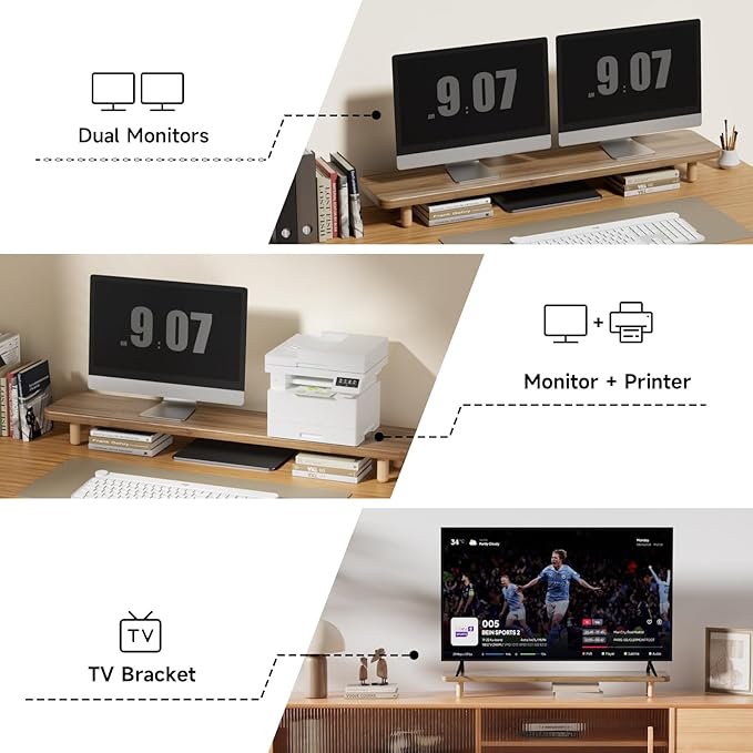 Dual Monitor Stand Riser, 39 Inch Extra Long Wooden Desktop Monitor Riser with Storage for 2 Monitors Ultra Strong Desk Shelf Organizer Riser Ergonomic for 2 Screens/Laptop/PC/TV/Printer, Light Walnut