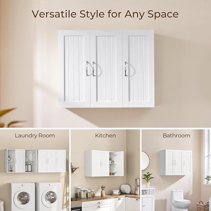 Yaheetech Bathroom Wall Cabinet with Three Doors, Medicine Cabinet with Adjustable Shelf, Hanging Storage Cupboard for Living Room, Laundry Room, Kitchen, White
