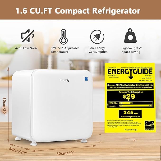 COSTWAY Compact Refrigerator, 1.6 cu ft. Single Door Small Fridge with Adjustable Temperature 32℉ to 50℉, Auto Defrost, Reversible Door, Removable Glass Shelves, Mini Fridge for Apartment (White)