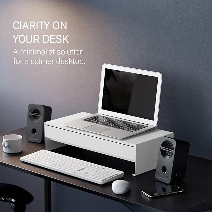 YAMAZAKI Home Tower Monitor Stand With Drawer – Monitor Riser With Storage, Desk Monitor Stand With Cable Management, Gaming Organizer, Steel, Black - Steel