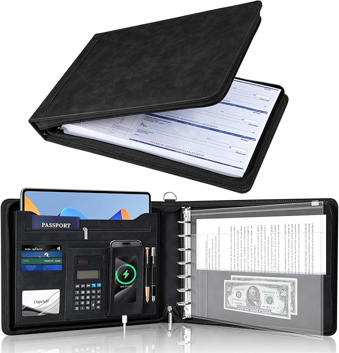 Ospelelf Black Zippered 7 Ring Check Binder for Business Checks (9" x 13"), 1 Inch Faux Leather Checkbook Portfolio with Zipper Pouch, Professional Binder Organizer for Accountants, Home Use