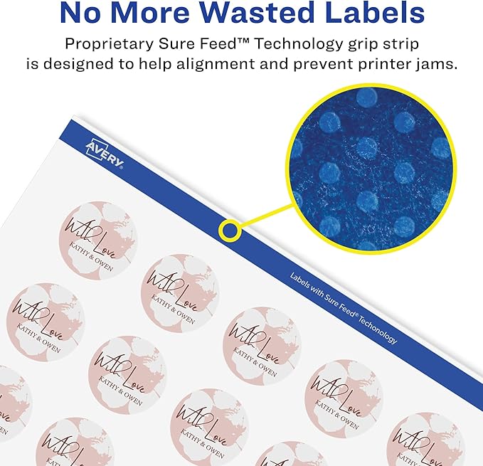 Avery Glossy White Round Labels, Sure Feed Technology, 1.25" Diameter, 3,000 Glossy White Labels, Print-to-The-Edge, Permanent Adhesive, Laser/Inkjet Printable