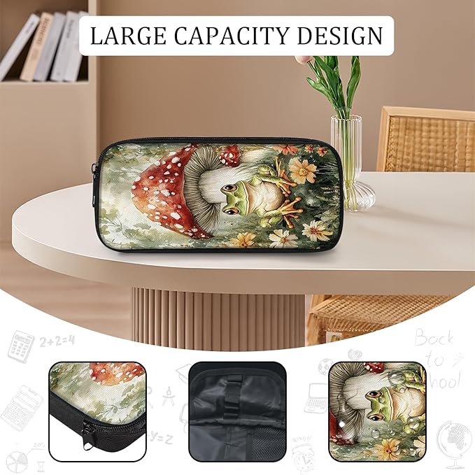 Mushroom Frog Backpack Set 3 Piece School Bags and Lunch Box with Pencil Case Green Cute Frogs Mushrooms Bookbag Set for Toddler Kids Girls Boys Teens Kindergarten Elementary Middle