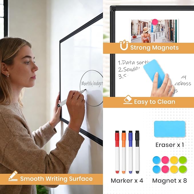 Double Sided Magnetic White Board，36"x24" Dry Erase Whiteboard for Wall with Black Aluminum Frame Presentation Board for School, Office and Home