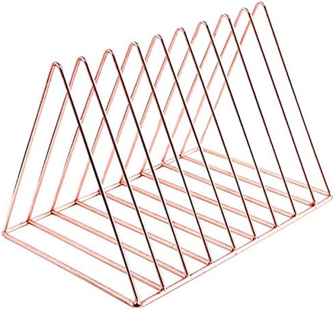 Rose Gold Metal Vinyl Record Holder,Vertical Record Player Holder,File Organizer for Desk,Desktop File Sorters,Paper Organizer and Record Holder Stand,Triangle Upright 9 Lattice Vinyl Rack Stand,1Pack