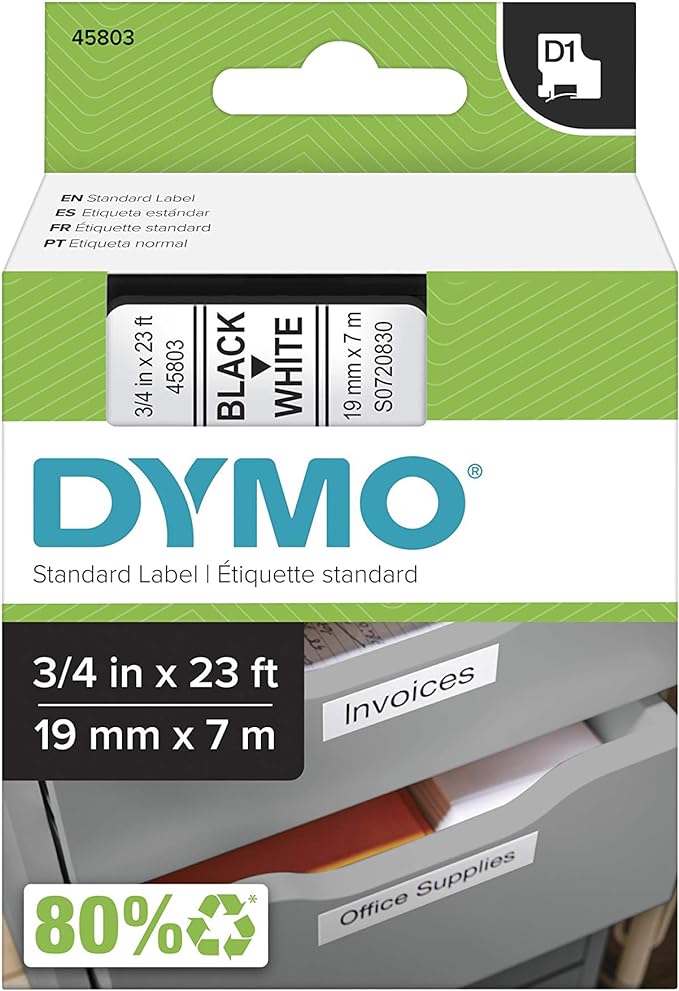 DYMO Authentic Standard D1 Labeling Tape for LabelManager Label Makers, Black Print on White Tape, 3/4'' W x 23' L, 1 Cartridge