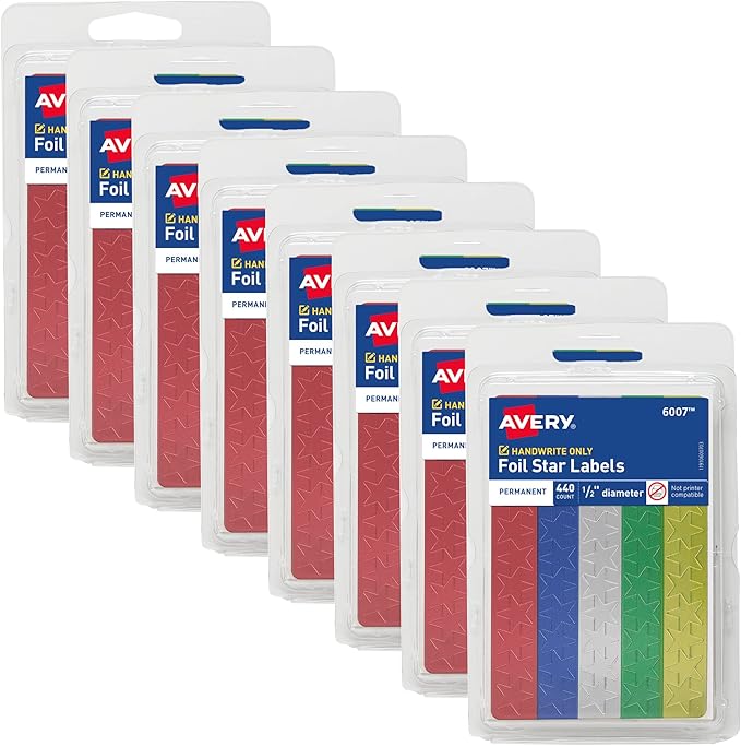 Avery Foil Star Labels, 1/2", Assorted Colors, Non-Printable, 8 Packs, 3,520 Star Stickers Total (21922)