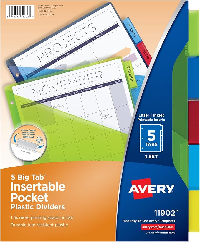 Avery Dividers for 3 Ring Binders, 5 Tab Plastic Binder Dividers, Pockets, Insertable Big Tabs, Multicolor, Extend Beyond Sheet Protectors, 1 Set (11902)