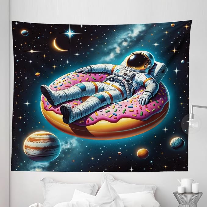 Ambesonne Funny Astronaut Tapestry King Size, Spaceman Floating on a Donut Through the Galaxies Planets Moon, Wall Hanging Bedspread Bed Cover Wall Decor, 104" X 88", Petrol Blue Pink Orange
