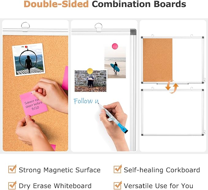 WALGLASS Combination Magnetic Whiteboard & Corkboard, 24"x18" Combo for School, Office & Home, Dry Erase Board with Removable Tray, Pins, Eraser, Markers & Magnets