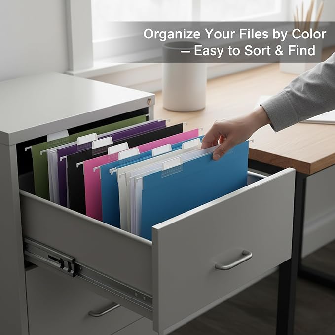 25 Packs Hanging File Folders,Assorted Color Letter Size File Folder,Designed for Bulky Files,Filing Cabinet,1/5 Adjustable Tabs for Office,School,Home(Black,Blue,Pink,Purple,Standard Green)
