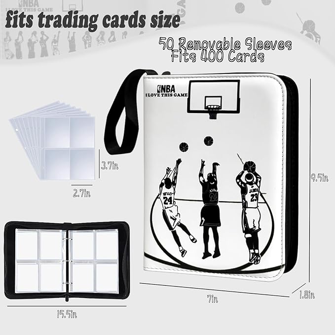 Basketball Card Binder - 400 Capacity 4-Pocket Trading Card Album, 3 Ring Card Holder Binder, Waterproof PU Leather, Zip Closure, Perfect Christmas Birthday Gift for Collectors