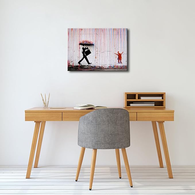 Wieco Art Banksy Raining Day or Colorful Graffiti Street Famous Canvas Prints Wall Art Modern Inspirational Grey Love Pictures Print Artwork for Kitchen Home Office Decor